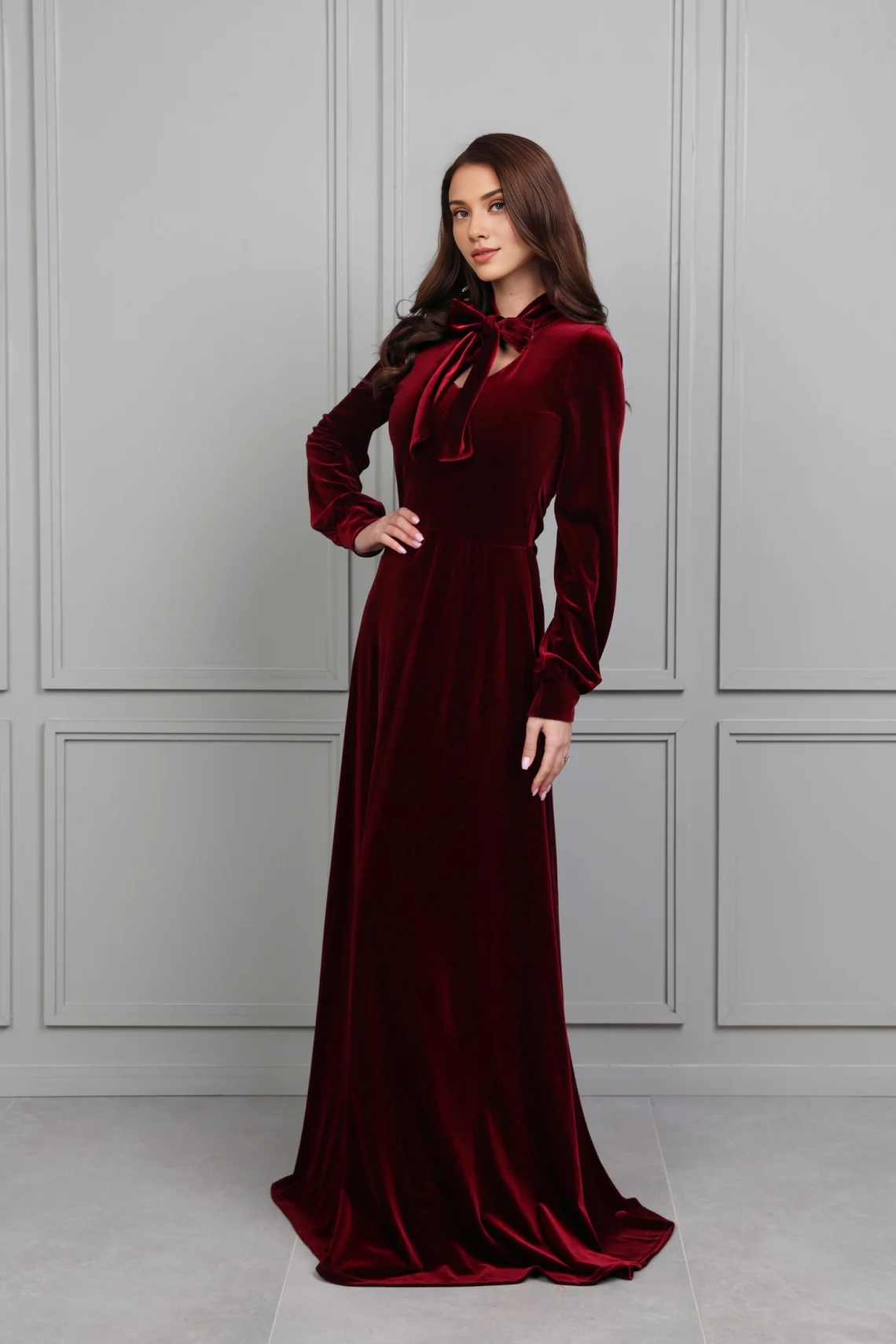 Bridesmaid Velvet Dress Dark Burgundy Dress Modest Dress Evening Dress Long Sleeves Reception Dress Gown Dress Elegant Dress Formal Dress Prom Dress