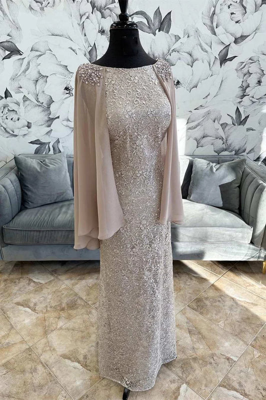 Lace Round Neck Long Formal Dress with Cape Sleeves