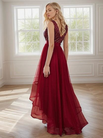 Sleeveless Sequin Ribbon Waist Tulle High Low Evening Dress