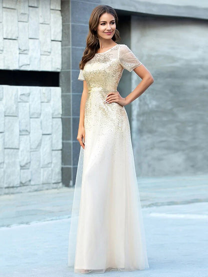 A-Line Jewel Neck Floor Length Tulle Bridesmaid Dress with Sequin