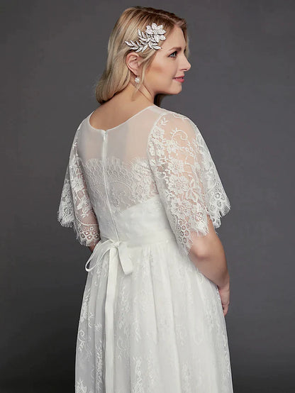 A-Line Wedding Dresses Illusion Neck Jewel Neck Floor Length Lace Tulle Half Sleeve Formal Boho Little White Dress See-Through with Beading Lace Insert