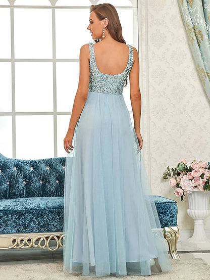 A-Line Spaghetti Strap Floor Length Tulle Sequined Bridesmaid Dress