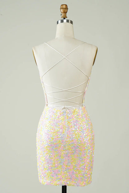 Tight Glitter Short Homecoming Dress With Rainbow Sequins