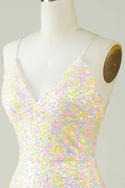 Tight Glitter Short Homecoming Dress With Rainbow Sequins