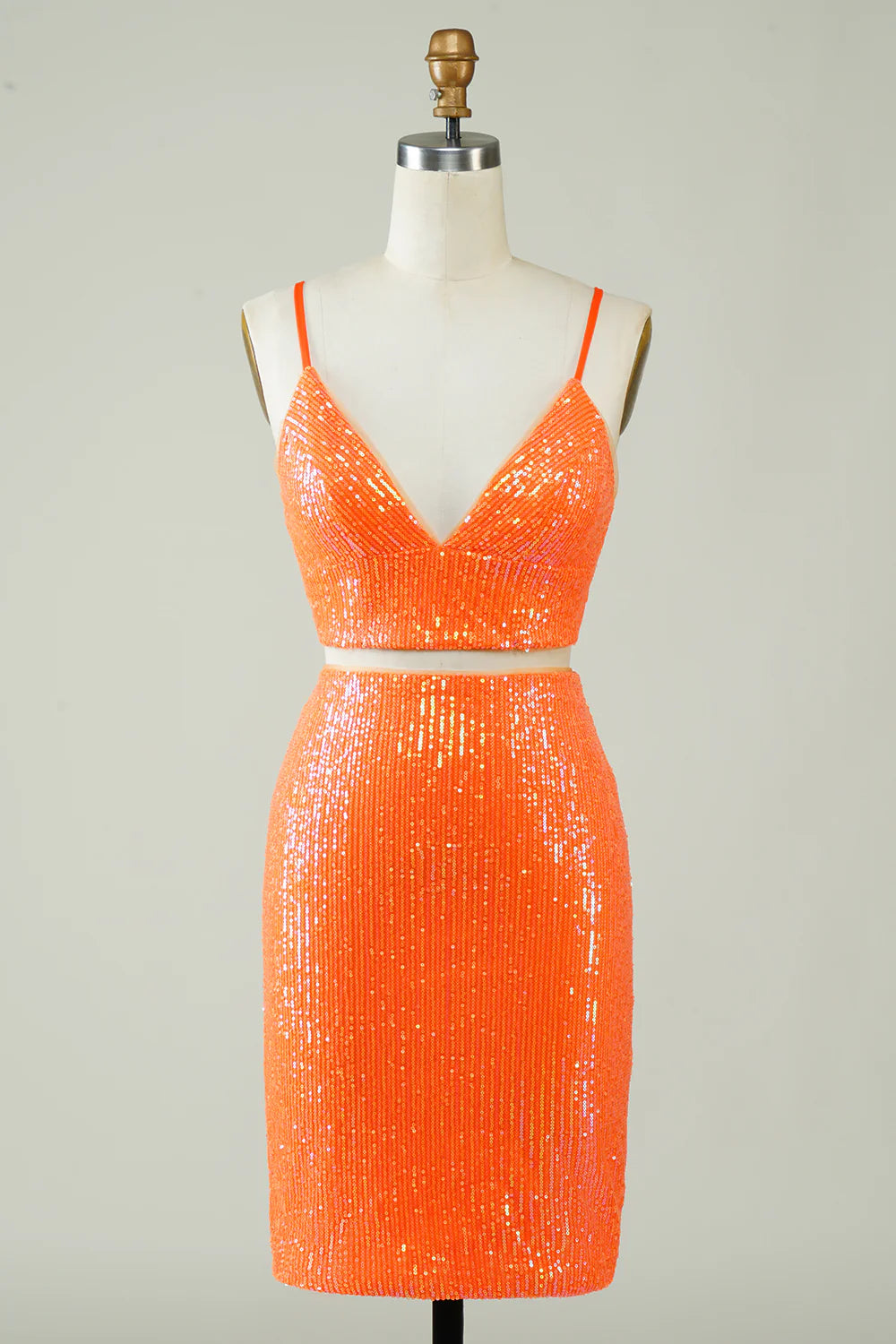 Two Piece Tight Short Glitter Orange Homecoming Dress With Sequins