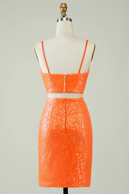 Two Piece Tight Short Glitter Orange Homecoming Dress With Sequins