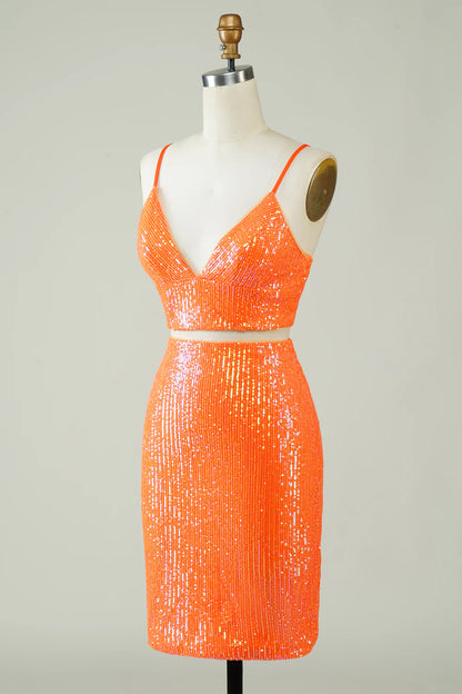 Two Piece Tight Short Glitter Orange Homecoming Dress With Sequins