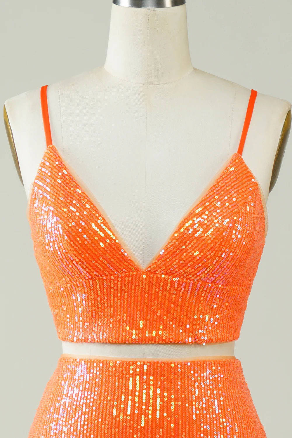 Two Piece Tight Short Glitter Orange Homecoming Dress With Sequins