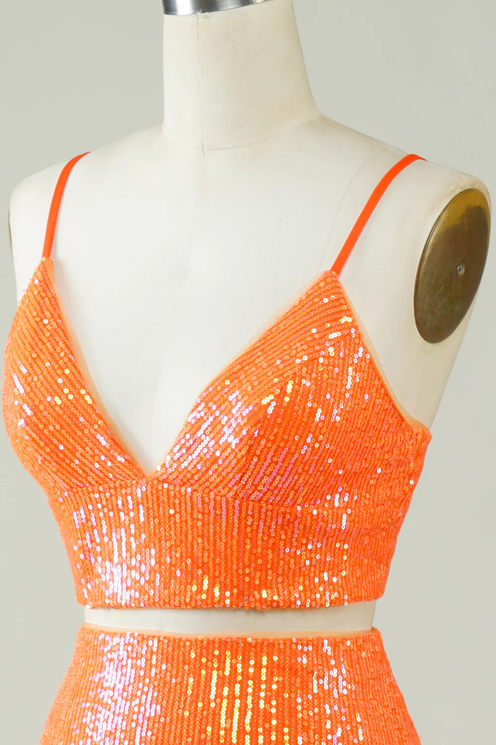 Two Piece Tight Short Glitter Orange Homecoming Dress With Sequins