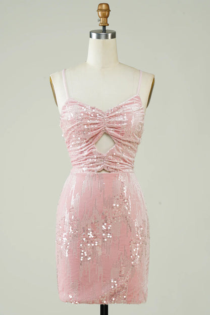 Velvet Tight Glitter Short Pink Homecoming Dress With Sequins