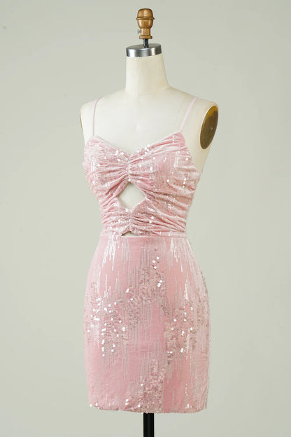 Velvet Tight Glitter Short Pink Homecoming Dress With Sequins