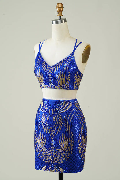 Royal Blue Two Piece Tight Short Glitter Homecoming Dress With Sequins