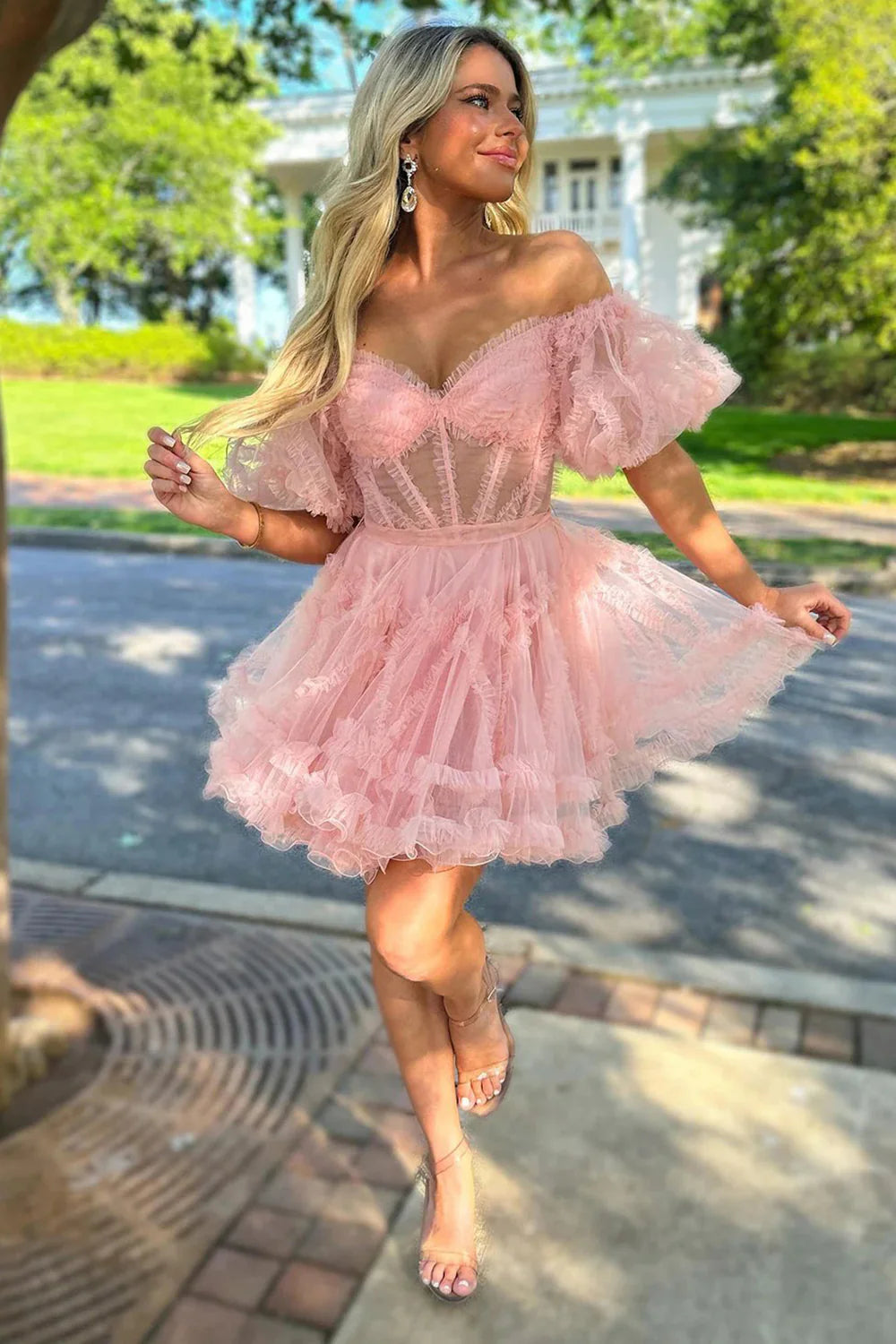 Stylish Off The Shoulder Tulle Corset Homecoming Dress