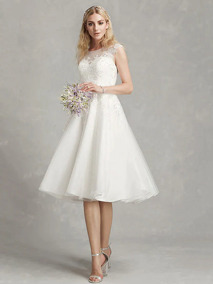 A-Line Wedding Dresses Jewel Neck Tea Length Lace Tulle Cap Sleeve Beautiful Back with Appliques