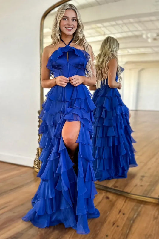 Xuewuba Formal Wear Dresses Royal Blue Halter Neck A-Line Chiffon Tiered Long Corset Prom Dress with Slit Prom Dresses Stores