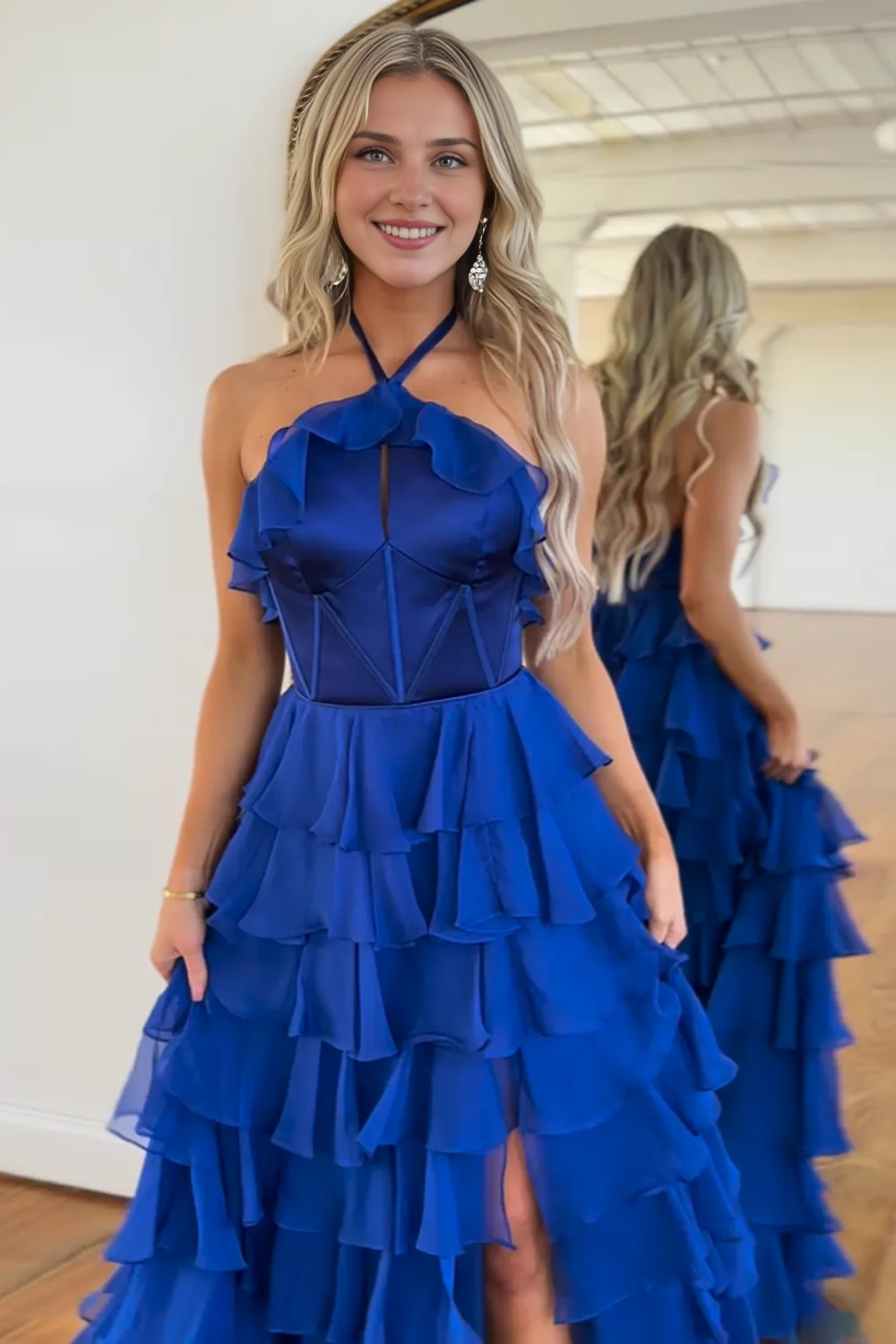 Xuewuba Formal Wear Dresses Royal Blue Halter Neck A-Line Chiffon Tiered Long Corset Prom Dress with Slit Prom Dresses Stores