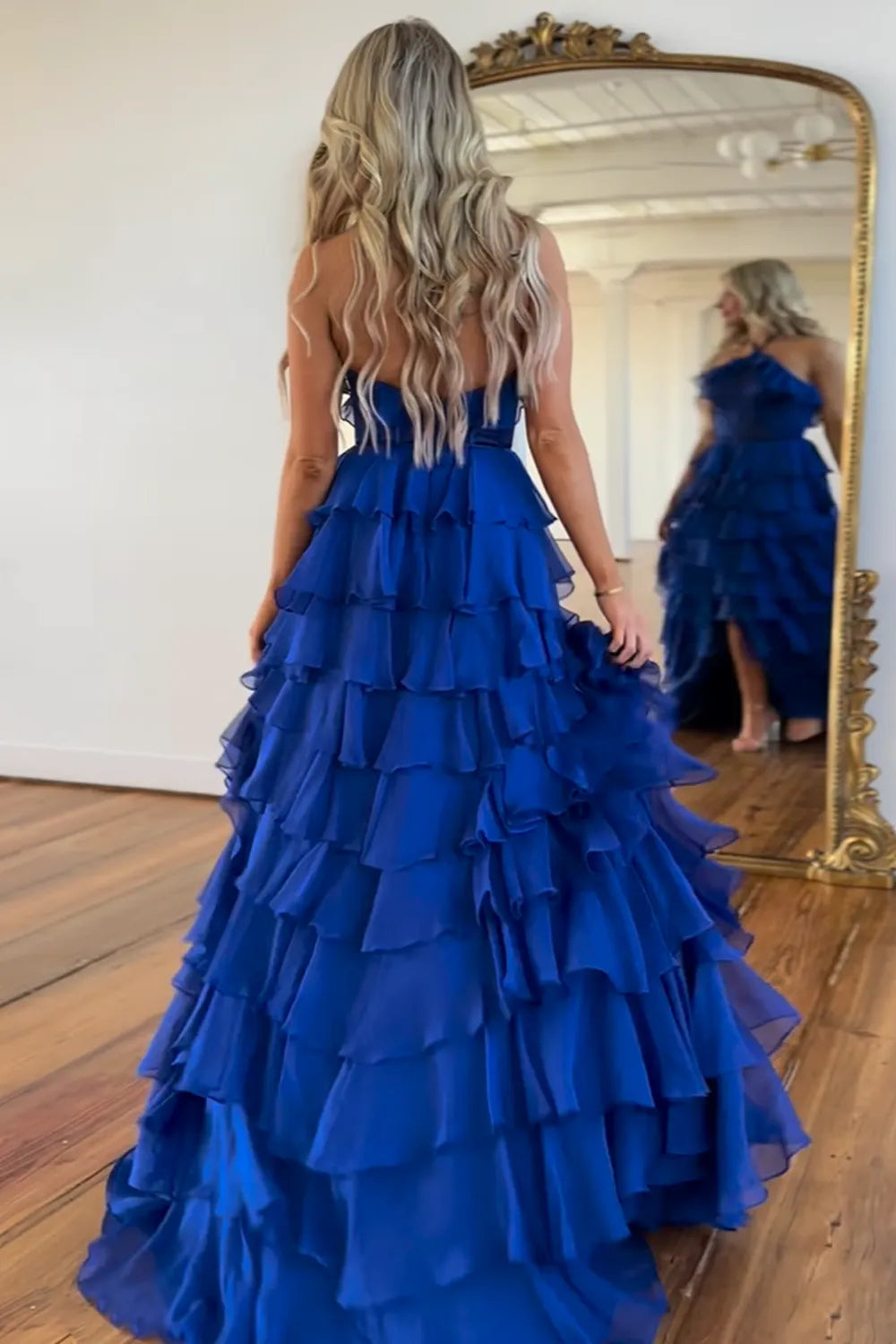 Xuewuba Formal Wear Dresses Royal Blue Halter Neck A-Line Chiffon Tiered Long Corset Prom Dress with Slit Prom Dresses Stores