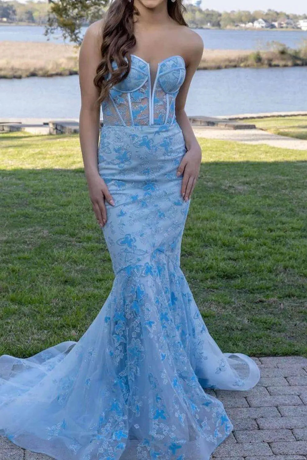 Xuewuba Formal Wear Dresses Gorgeous Mermaid Sweetheart Blue Corset Prom Dress with Embroidery Prom Dresses Stores