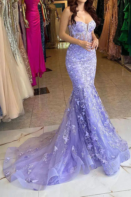 Xuewuba Formal Wear Dresses Gorgeous Mermaid Sweetheart Blue Corset Prom Dress with Embroidery Prom Dresses Stores