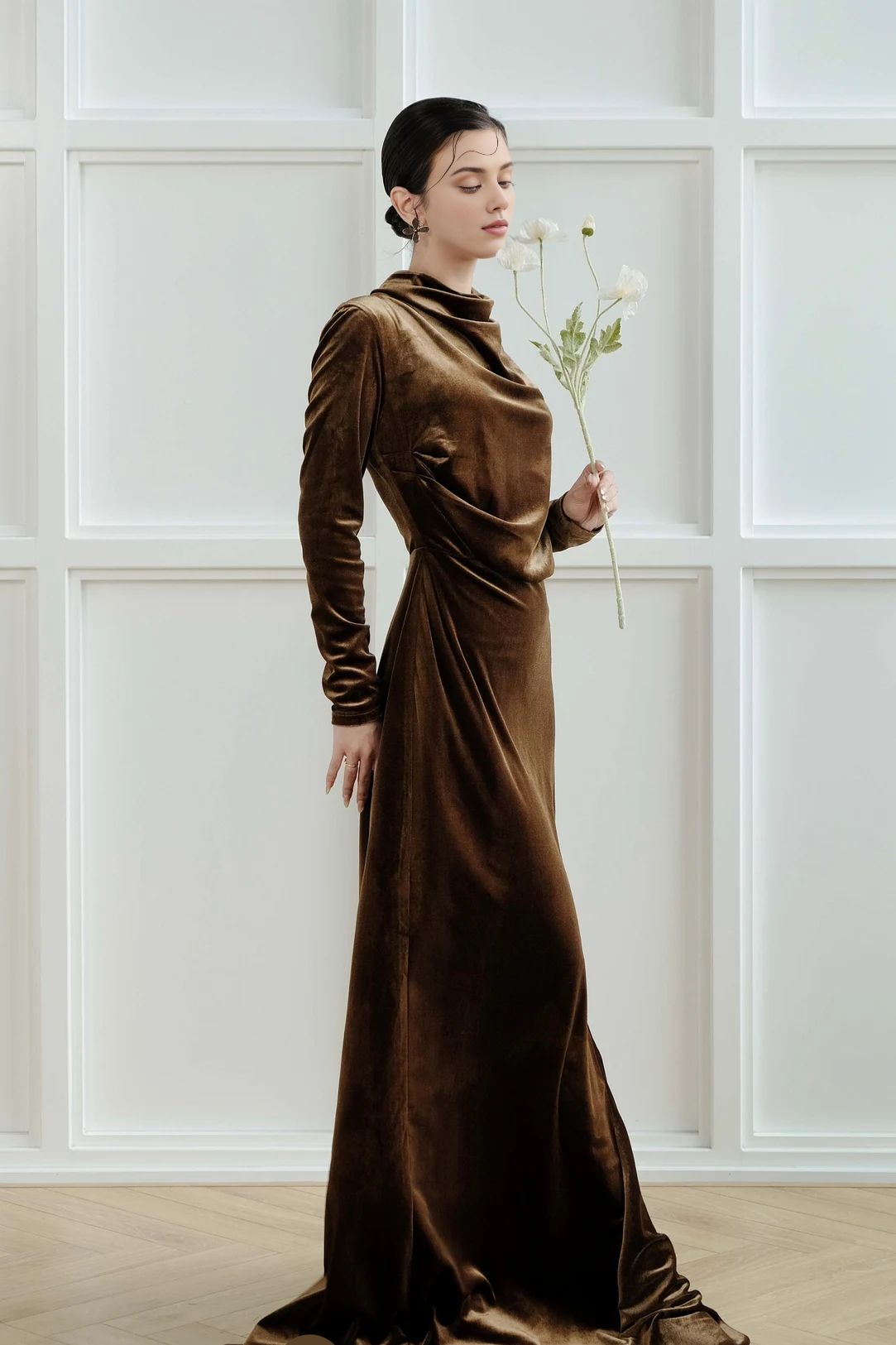 Cowl Neck Velvet Dress Maxi Long Sleeve Velvet Long Gown Velvet Dress for Women Prom Dress Floor Length