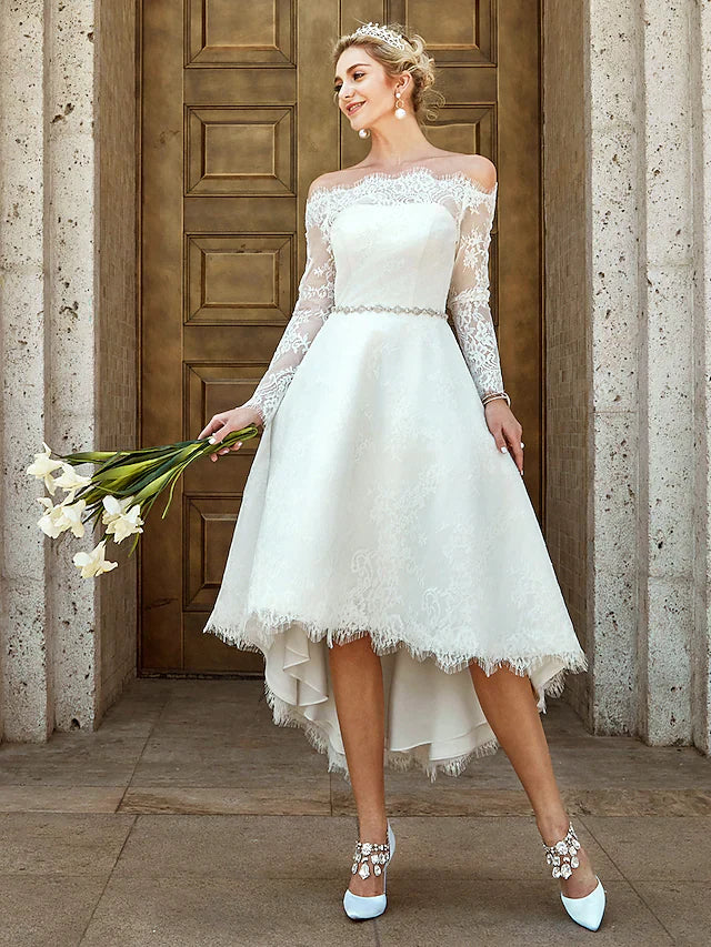 A-Line Wedding Dresses Off Shoulder Asymmetrical Lace Long Sleeve Casual Plus Size Illusion Sleeve with Lace Crystal Brooch