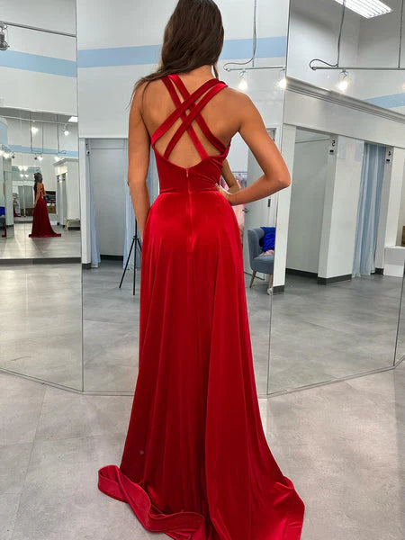 Deep V Neck Long Burgundy Formal Evening Dress Cross Back With Slit