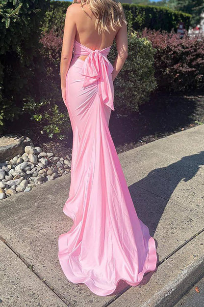 Deep V Neck Mermaid Halter Long Prom Dress with Bowknot