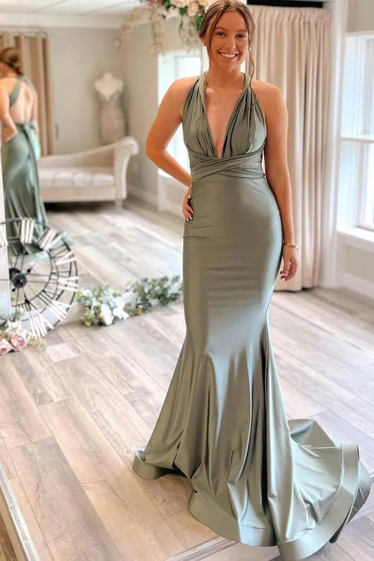 Deep V Neck Simple Gray Green Mermaid Satin Bridesmaid Dresses With Train