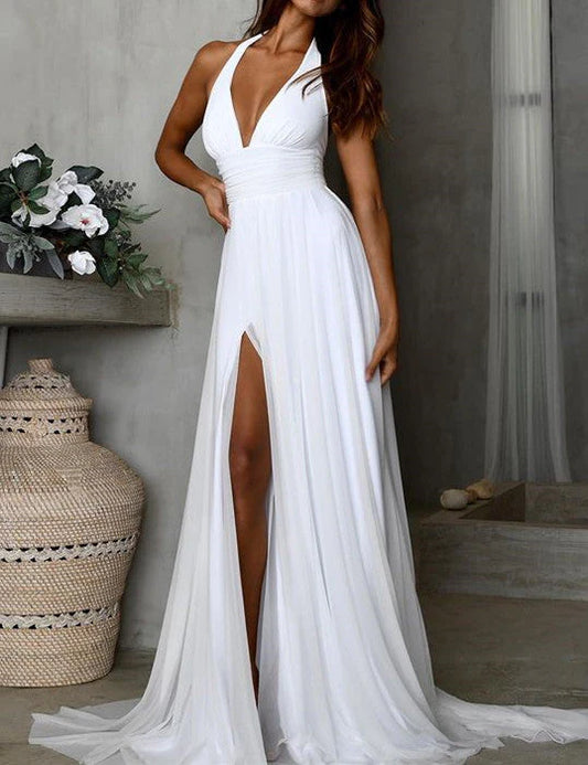 Deep V Neck Simple Long Chiffon White Beach Minimalist Evening Wedding Dresses With Slit