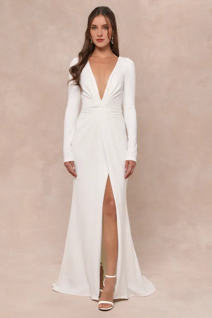 Deep V Neck Stunning Romance White Long Sleeve Mermaid Wedding Dress With V Back