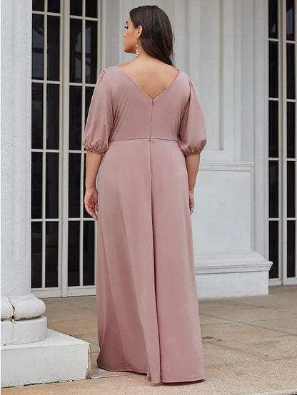 A-Line V Neck Floor Length Satin Stretch Satin Bridesmaid Dress