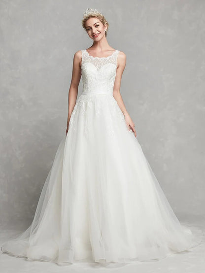 A-Line Wedding Dresses Scoop Neck Chapel Train Lace Tulle Regular Straps Formal Illusion Detail with Lace Sash Ribbon