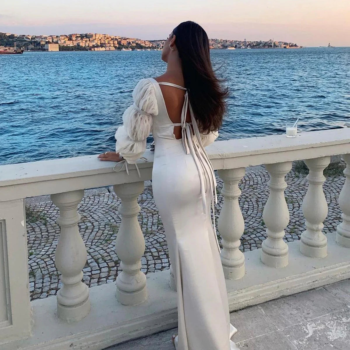 Elegant Floor Length Off White Mermaid Evening Dress with Puff Sleeves Wedding Dresses Party Gows