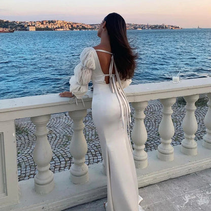 Elegant Floor Length Off White Mermaid Evening Dress with Puff Sleeves Wedding Dresses Party Gows