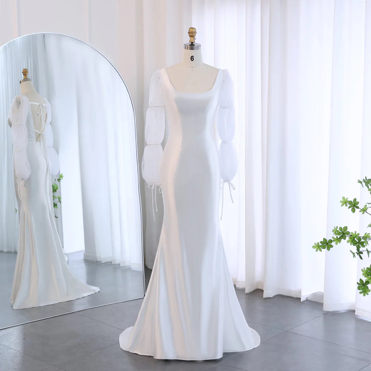 Elegant Floor Length Off White Mermaid Evening Dress with Puff Sleeves Wedding Dresses Party Gows