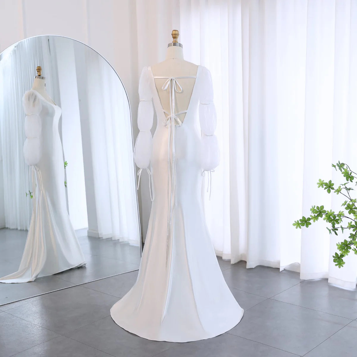 Elegant Floor Length Off White Mermaid Evening Dress with Puff Sleeves Wedding Dresses Party Gows