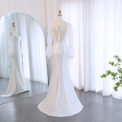 Elegant Floor Length Off White Mermaid Evening Dress with Puff Sleeves Wedding Dresses Party Gows