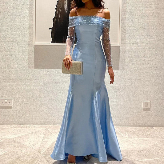 Elegant Off Shoulder Blue Floor Length Evening Dress Wedding Party Long Sleeves Formal Prom Gown