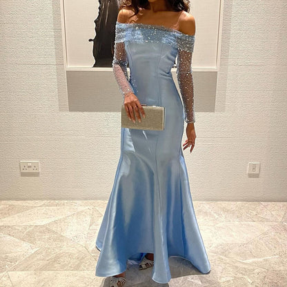 Elegant Off Shoulder Blue Floor Length Evening Dress Wedding Party Long Sleeves Formal Prom Gown