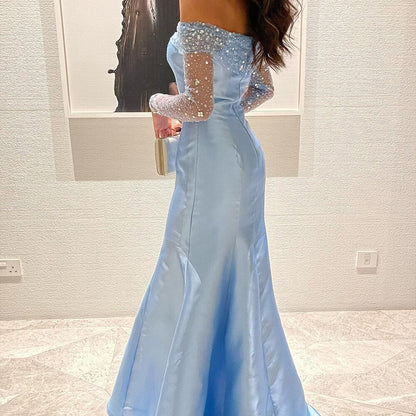 Elegant Off Shoulder Blue Floor Length Evening Dress Wedding Party Long Sleeves Formal Prom Gown