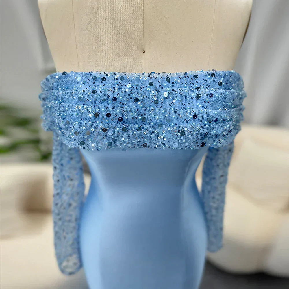 Elegant Off Shoulder Blue Floor Length Evening Dress Wedding Party Long Sleeves Formal Prom Gown