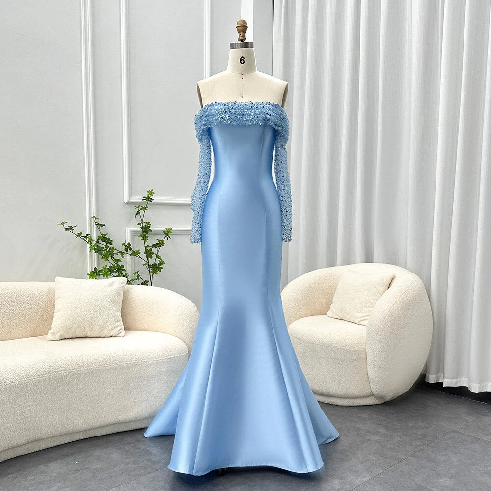 Elegant Off Shoulder Blue Floor Length Evening Dress Wedding Party Long Sleeves Formal Prom Gown