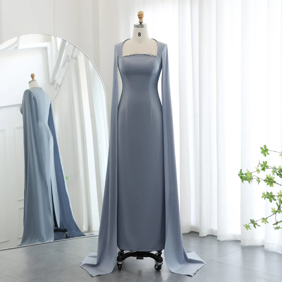 Elegant Square Neck Mermaid Evening Dress with Cape Sleeves Wedding Party Formal Prom Gowns