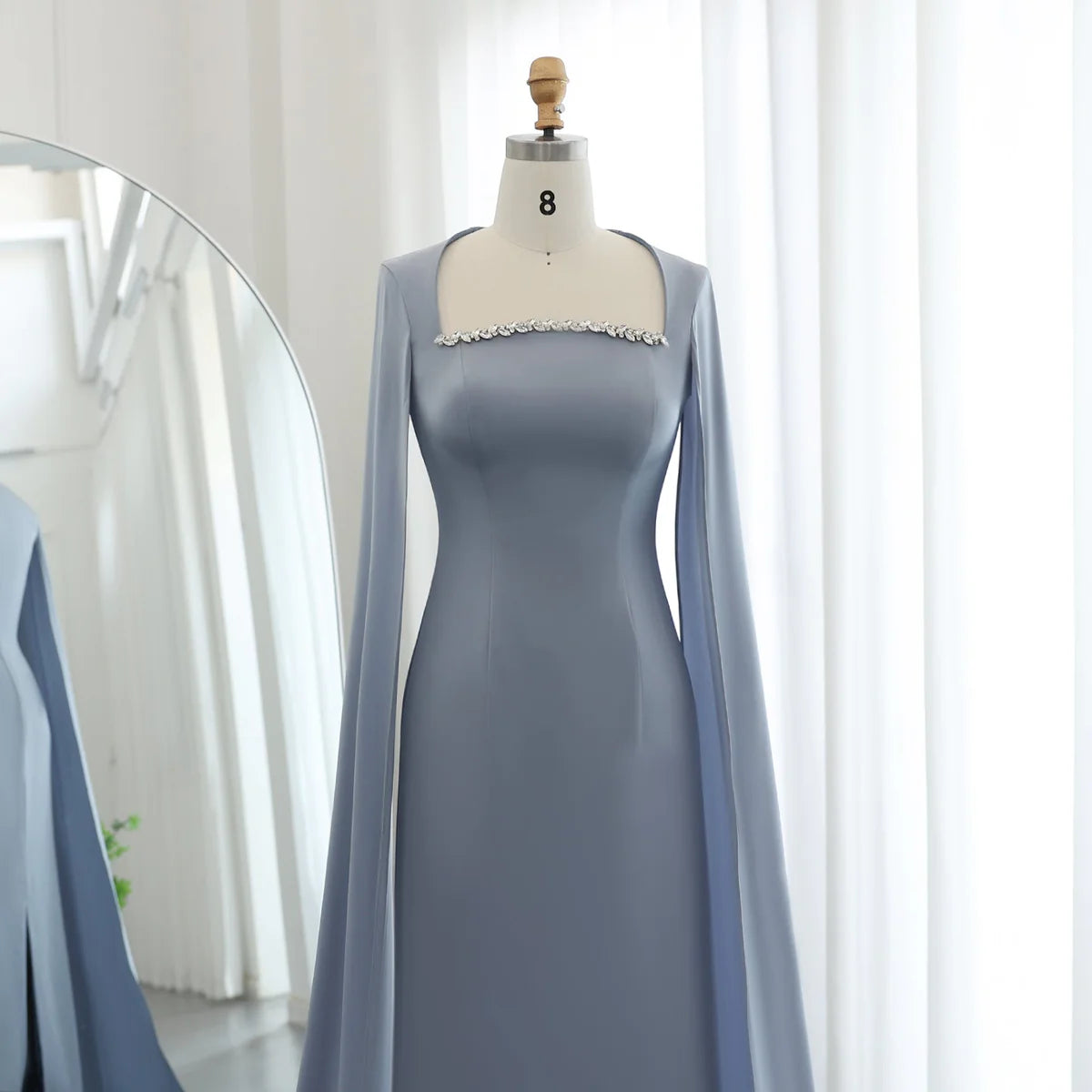 Elegant Square Neck Mermaid Evening Dress with Cape Sleeves Wedding Party Formal Prom Gowns