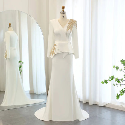 Elegant White Mermaid Mother of the Bride Dresses Dress with Long Sleeves Gold Beaded Wedding Party Gowns