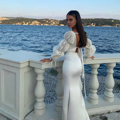 Elegant Floor Length Off White Mermaid Evening Dress with Puff Sleeves Wedding Dresses Party Gows