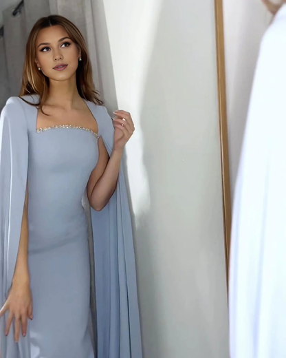 Elegant Square Neck Mermaid Evening Dress with Cape Sleeves Wedding Party Formal Prom Gowns