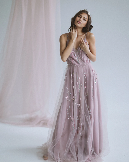 Xuewuba Prom Shop Dresses Pale Blush Boho Wedding Dress / Purple Bridal Gown / Colorful Floral Gown / A Line Silk Fairy Wedding Dress / Embroidered Bridal Gown Formal Women's Dresses