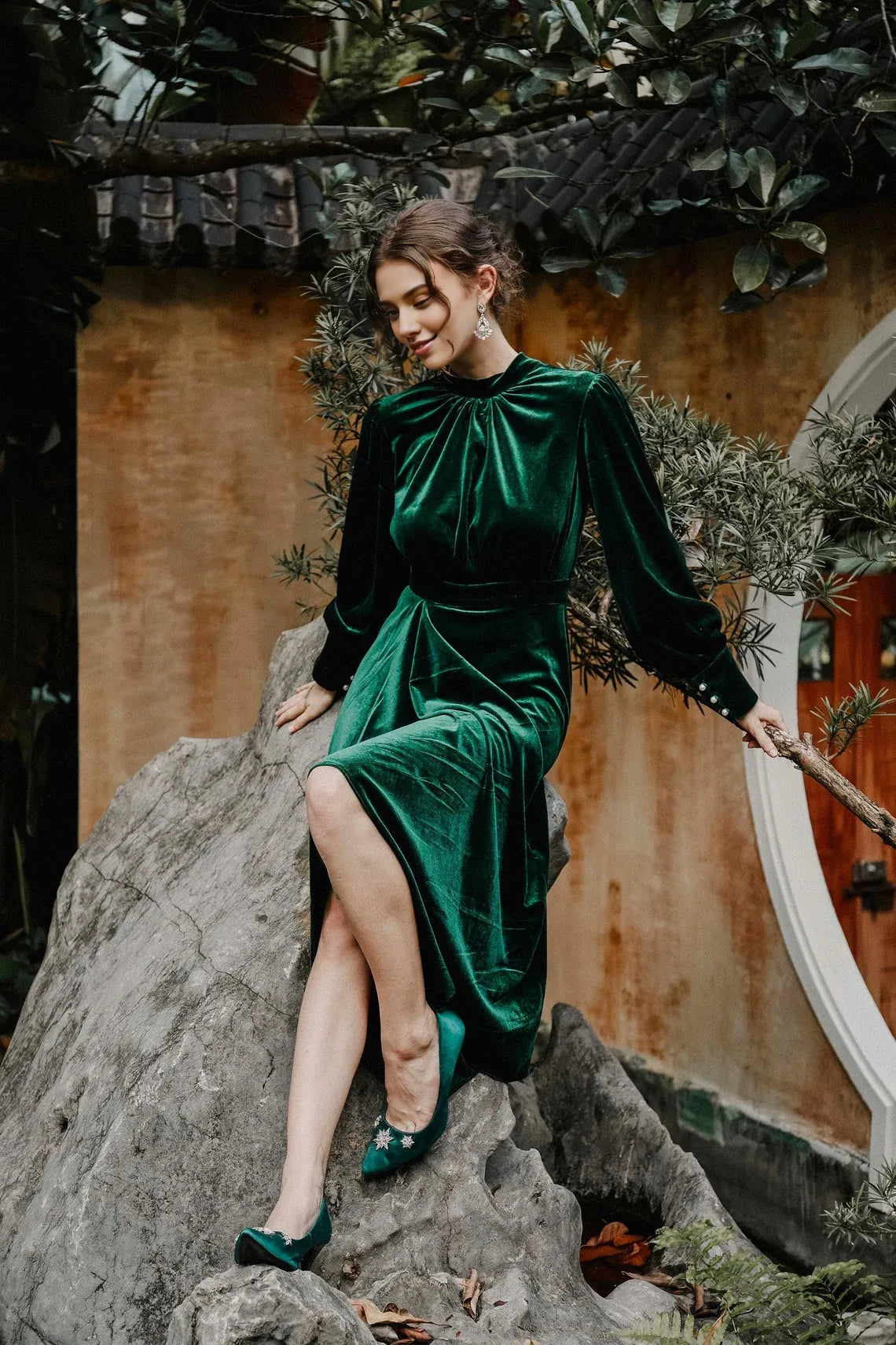 Emerald Green Velvet Dress Velvet Bridesmaid Dress Velvet Long Dress Velvet Long Sleeve Dress Winter Dress GIft For Her Prom Dress