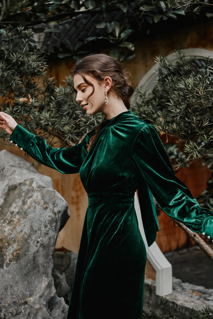 Emerald Green Velvet Dress Velvet Bridesmaid Dress Velvet Long Dress Velvet Long Sleeve Dress Winter Dress GIft For Her Prom Dress